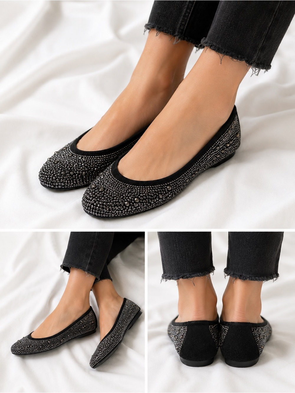 Stuart Weitzman Embellished Ballet Flats – Black Rhinestone Studded – Size 9 - Picture 7 of 10